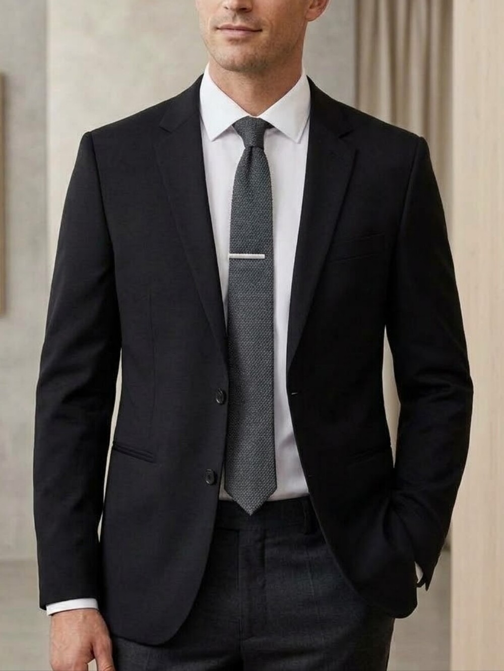 Le Chateau Men's Black Wool Blend Two-Button Tailored Blazer